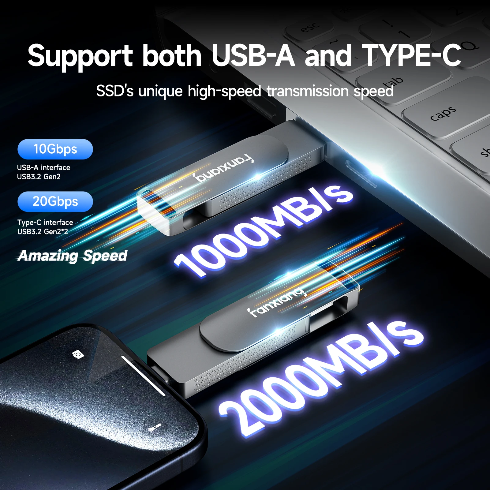 Fanxiang F951 2000 MB/s unidad de bolígrafo de estado sólido USB3.2 Gen2x2 512GB 1TB 2 en 1 tipo C + USB-A unidad Flash de alta velocidad para teléfono portátil - imagen 2