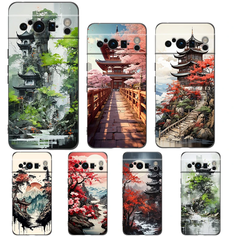 Funda de teléfono con pintura de paisaje de tinta y lavado para Google Pixel 8, 7, 6 Pro, 8A, 6A, 7A, 5G, silicona suave a prueba de golpes, TPU, cubierta negra