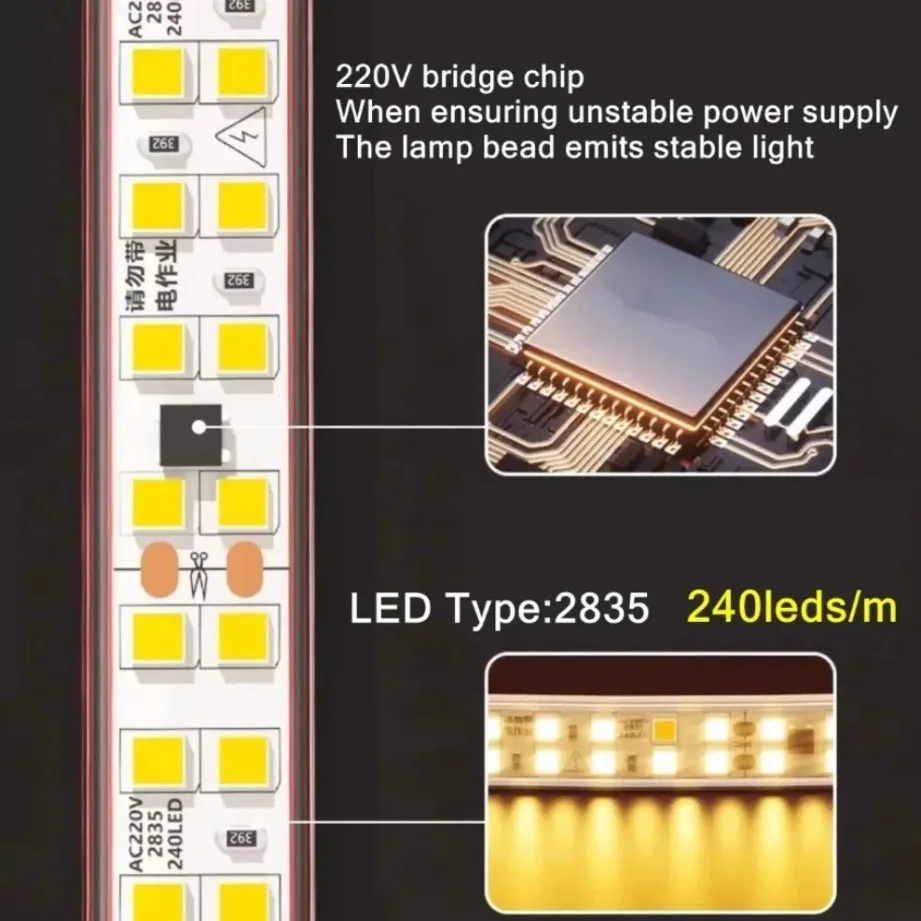 Tira de luces LED SMD 2835 de 12MM 3000K/4000K/6000K AC 220V con enchufe europeo IP68 impermeable 240LEDs/M lámpara de tira suave cortable Flexible - imagen 5