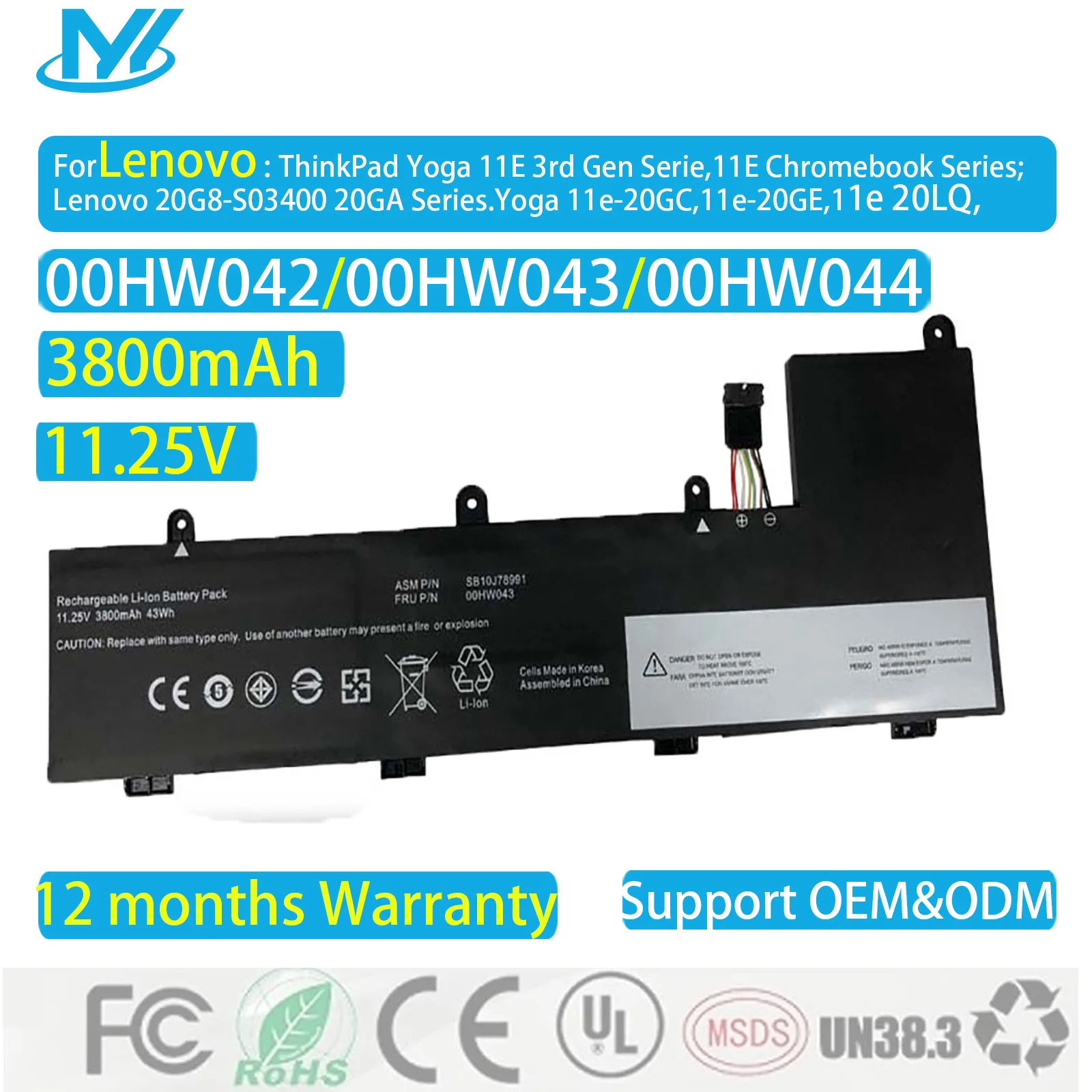 00HW043 Reemplazo al por mayor para Lenovo ThinkPad Yoga 11E 3.a generación 11E Chromebook Series Notebook SB10J78991 SB10J78992
