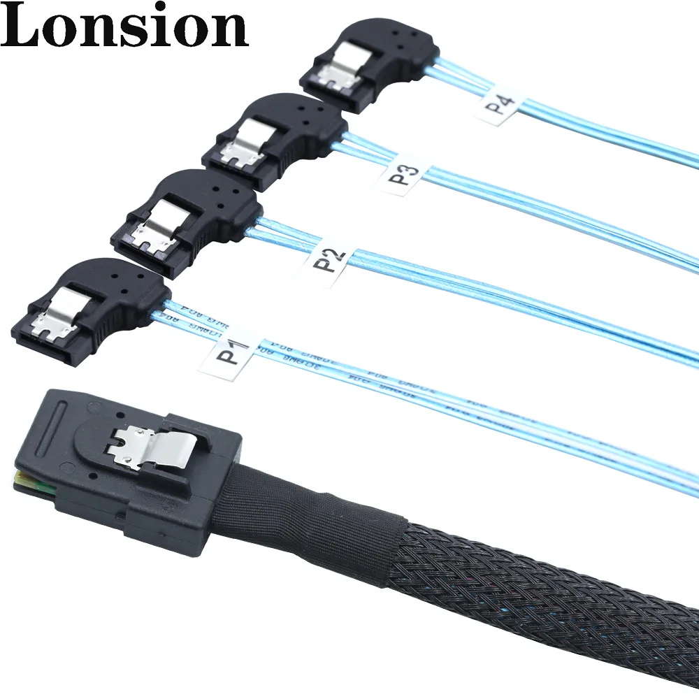 Paquete de cables de servidor de alta velocidad, Mini SAS HD SFF-8087 a 4 SATA 4x, Conector de ángulo izquierdo