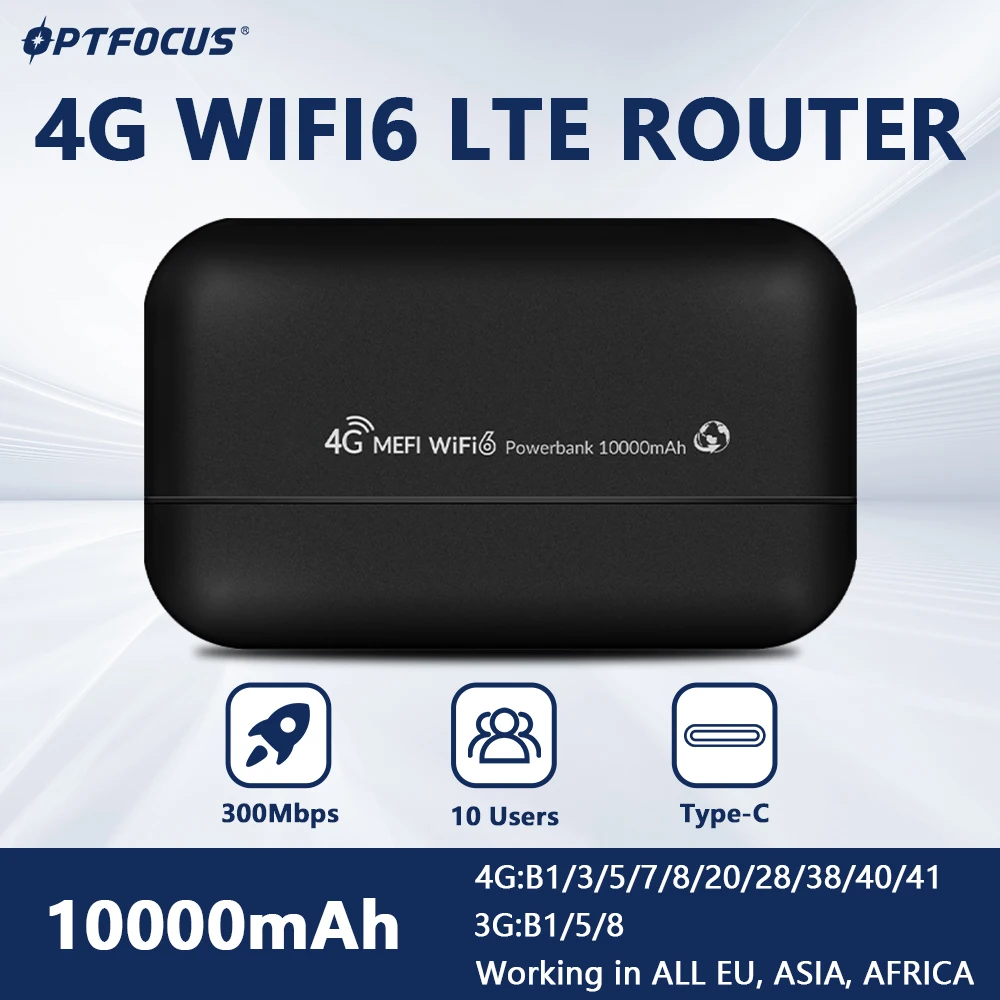 Enrutador OPTFOCUS 4G WIFI LTE, módem MIFI WIFI6 de 300Mbps, enrutador Simcard, Banco de energía de 10000mAh, punto de acceso inalámbrico, enrutador de bolsillo Sim