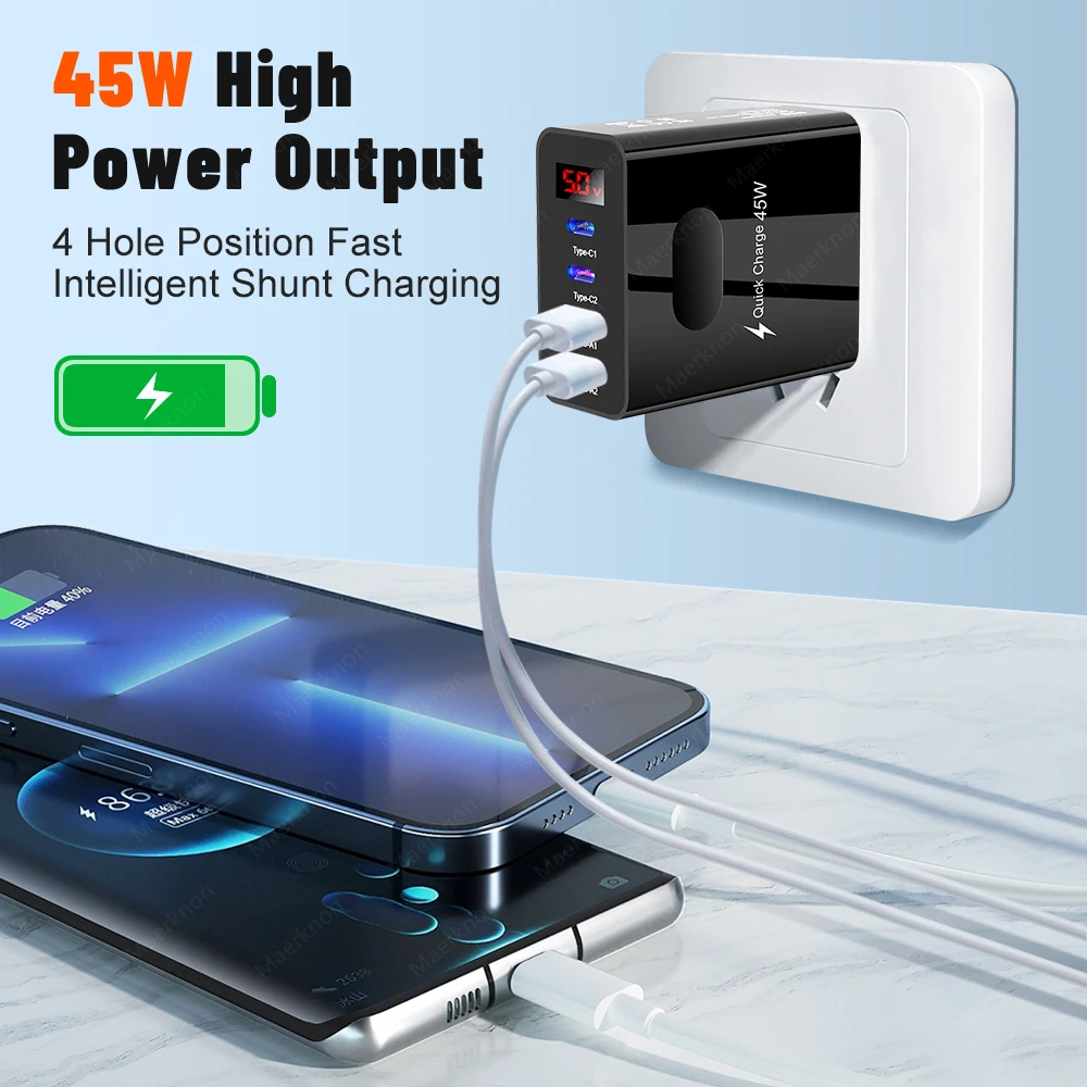 Cargador USB de 45W, 4 puertos tipo C, carga rápida, cargador de pared con pantalla Digital para iPhone, Samsung, Xiaomi, Huawei, adaptador de cargador de teléfono - imagen 2