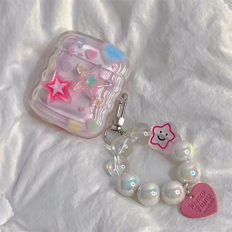 Funda para auriculares con borde ondulado y estrella rosa 3D coreana para AirPods 1, 2, 3, con colgante de cuentas de corazón de amor, funda suave para AirPods Pro 2 - imagen 3