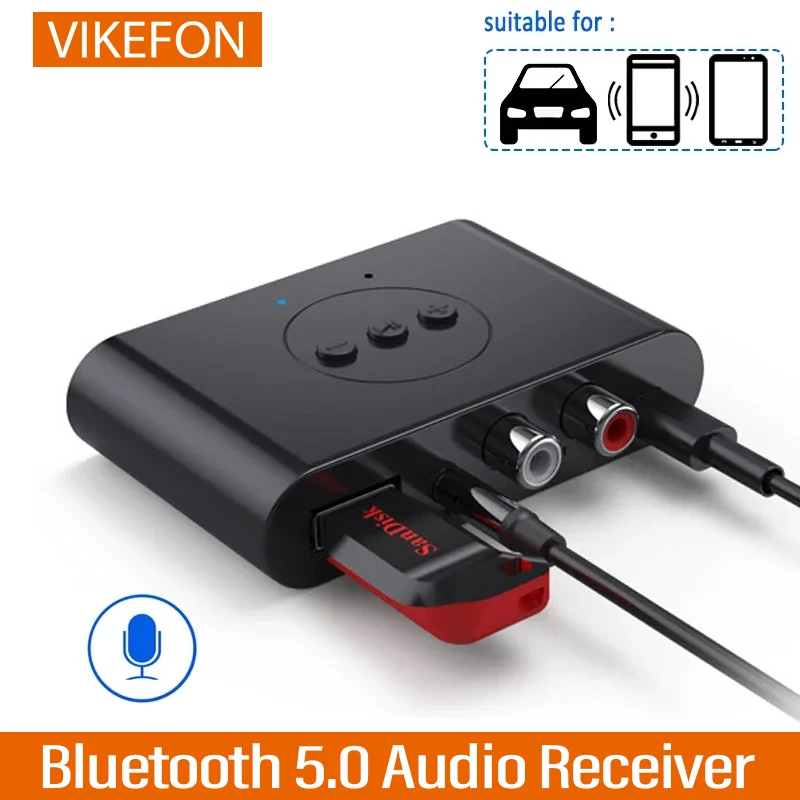Receptor de Audio Bluetooth 5,0, disco U RCA 3,5mm 3,5 AUX USB Jack estéreo, adaptador inalámbrico de música, micrófono para Kit de coche, amplificador de altavoz