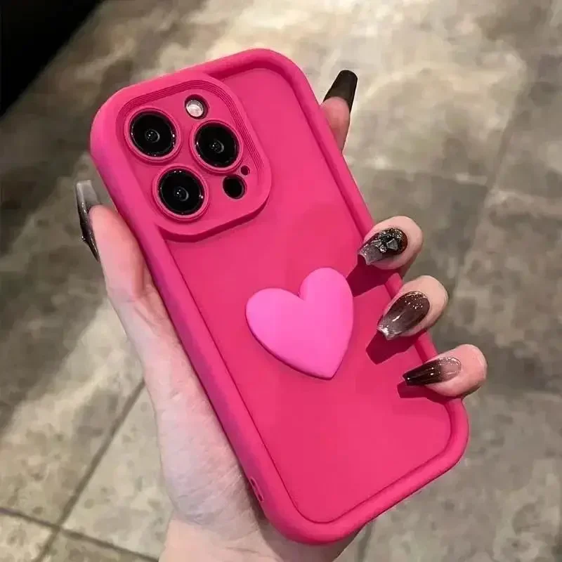 Bonita funda de teléfono de silicona 3D con corazón de amor para iPhone 16, 15, 13, 12, 11, 14 Pro Max, protección de lente, carcasa impermeable a prueba de golpes - imagen 2
