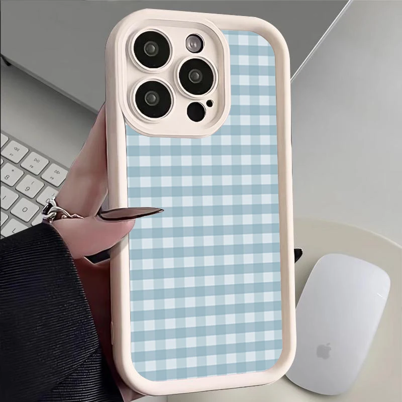 Funda para iPhone 11 12 13 14 15 16 Pro Max ins Patrón de cuadros azul Cobertura completa de lentes Prevención de caídas Funda de teléfono de tpu