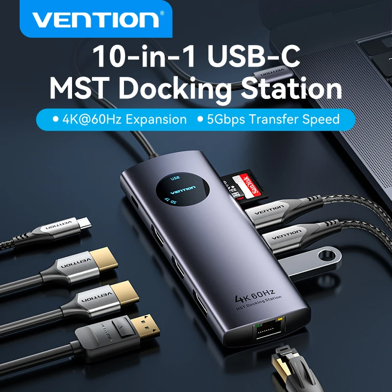 Vention MST estación de acoplamiento tipo C a HDMI DP 4K 60Hz RJ45 USB 3,0 HUB PD 100W USB C divisor para PC portátil Macbook Tablet