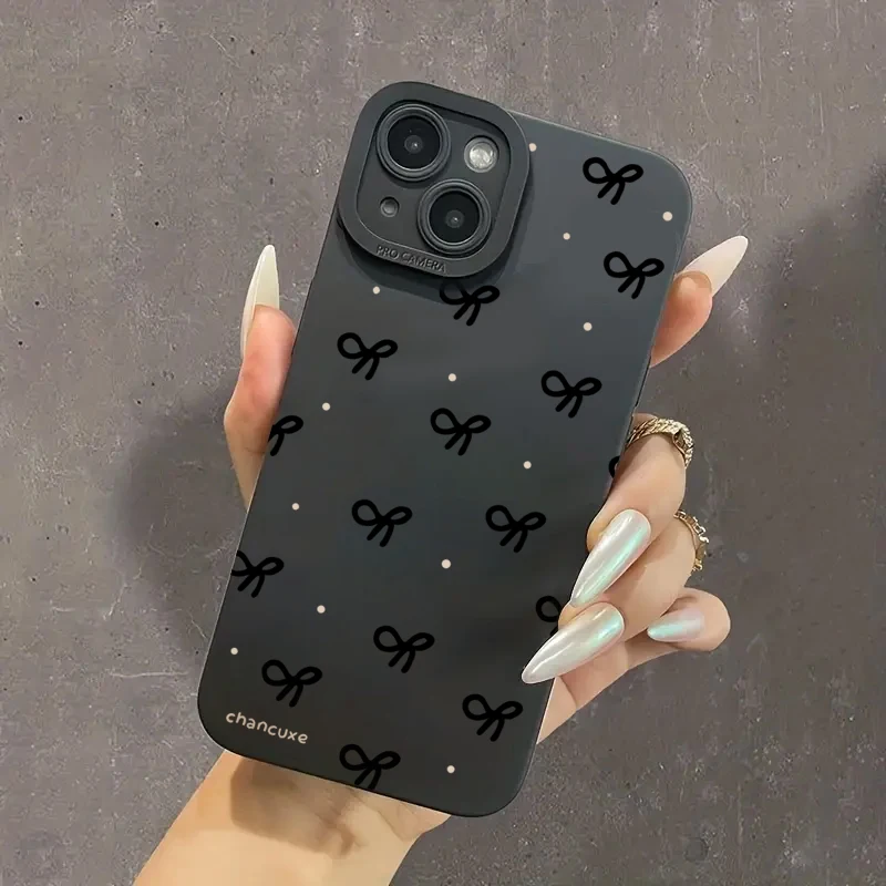 Funda de teléfono para iPhone 16E 16 15 14 Pro Max 11 12 13 Pro Max Mini 7 8 Plus XR X XS SE2 funda de silicona con estampado de lazo negro a prueba de golpes - imagen 3