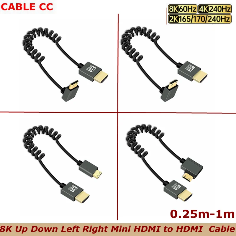 Cable en espiral Ultra HD de alta velocidad HD a Mini HDMI 2,1, compatible con 8K, 4K, 3D y HDR dinámico de hasta 48Gbps, Compatible