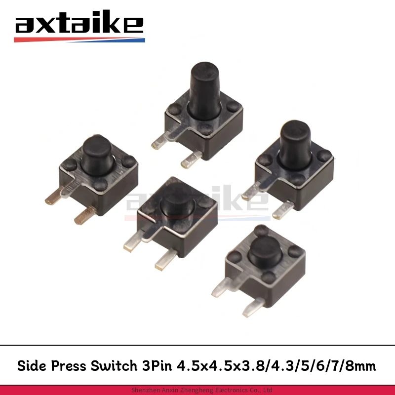 100 Uds 4,5 × 4,5 interruptor de presión lateral 3 pines 4,5*4,5*3,8/4,3/5/6/7/8mm Micro interruptor táctil 50mA 12V DC interruptor de alimentación Horizontal