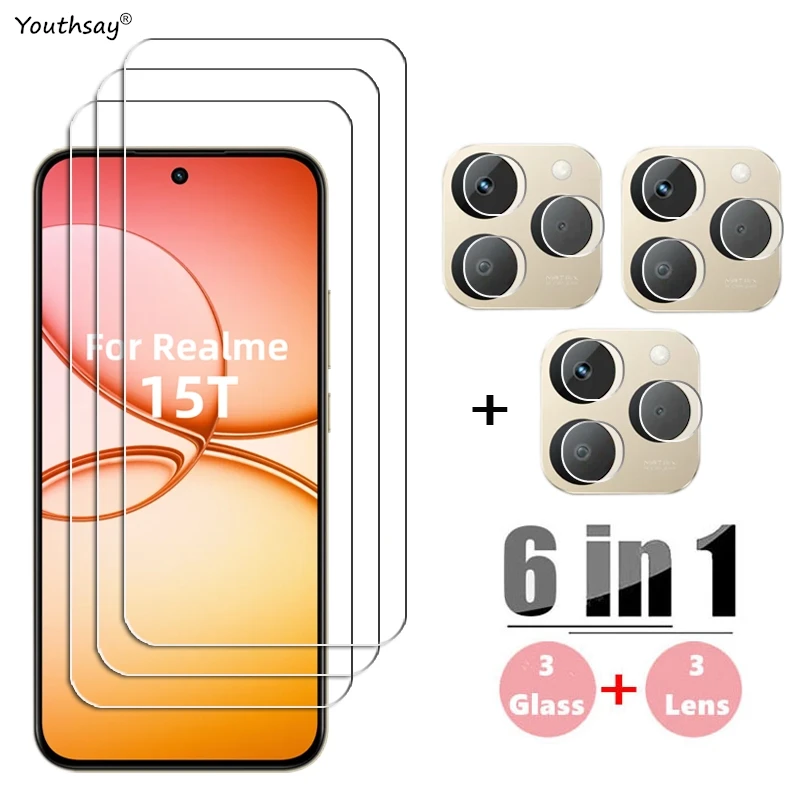 Vidrio Gule completo 6 en 1 para Realme 15T, Protector de pantalla de vidrio templado Realme 15T, película protectora HD para lente de cámara de teléfono Realme 15T