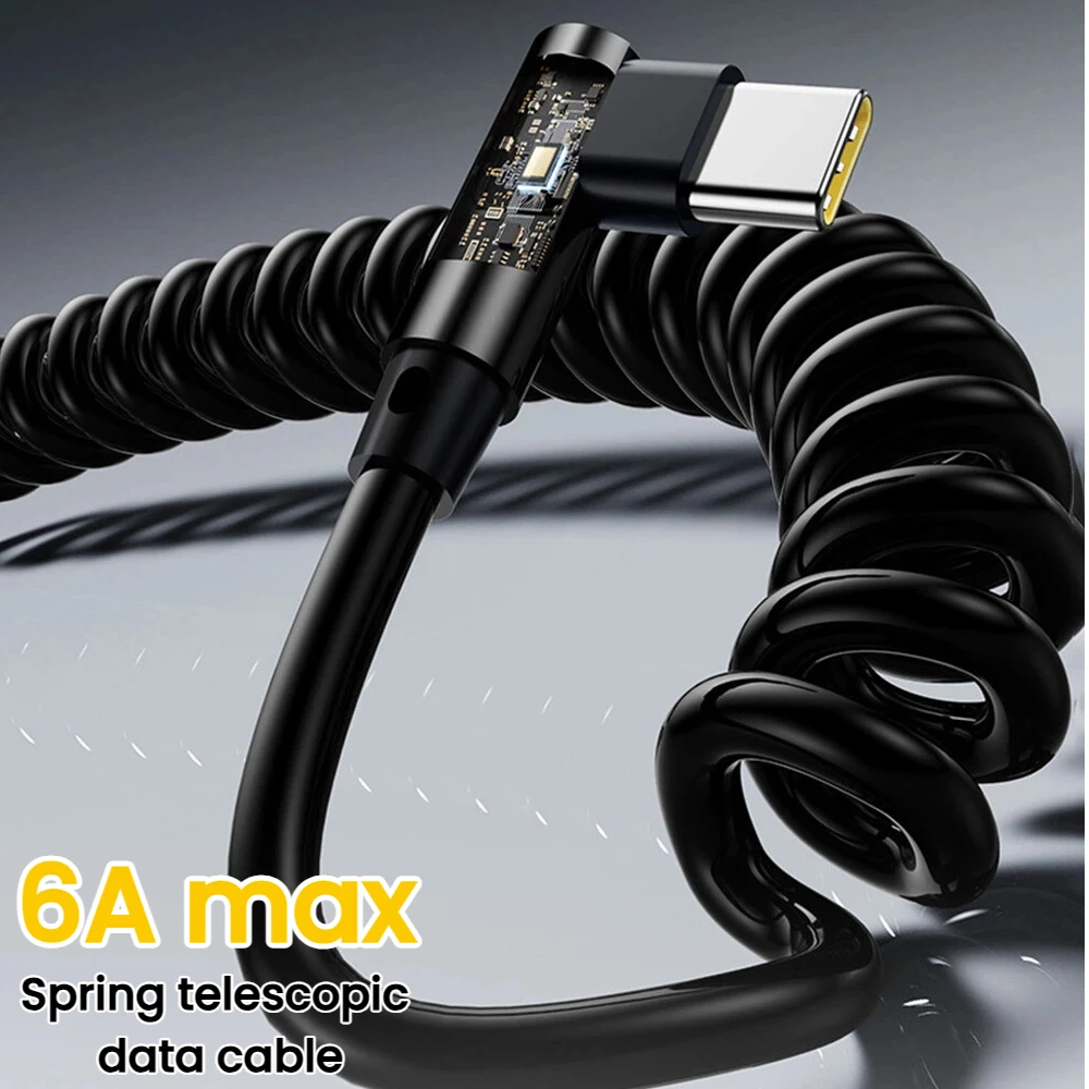 Cable de datos de resorte USB A a tipo C, codo 6A, Cable de carga rápida para Huawei, Cable cargador de teléfono de 1M y 1,8 M para iPhone 15 16 17 Samsung - imagen 2