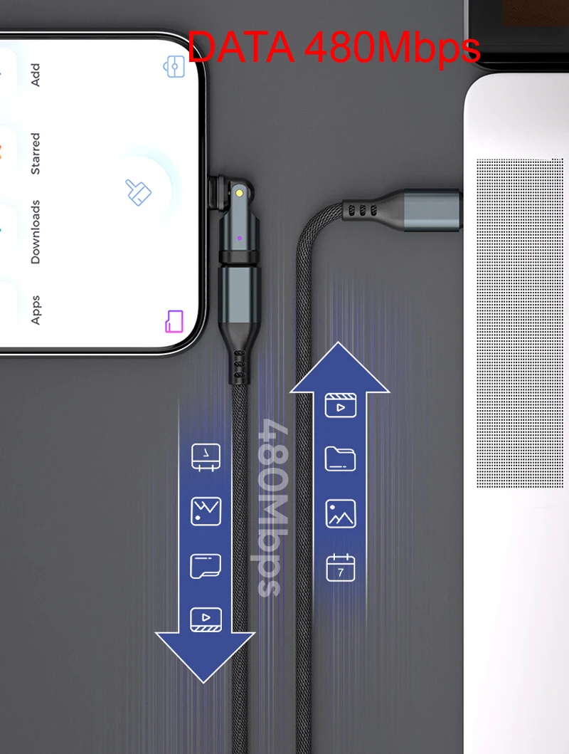 Adaptador PD 240W USB C de 180 grados/ángulo recto C 540 rotación 5A Cable de datos de carga rápida 480Mbps para iPhone serie 16/15/MacBook Pr - imagen 4