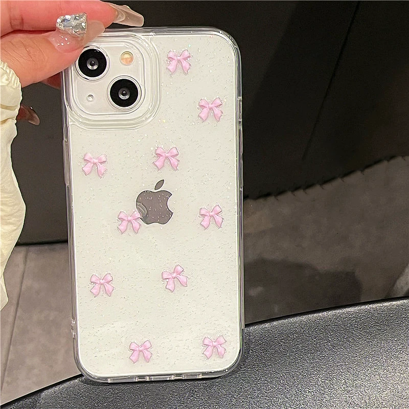 Bonita funda de teléfono con lazo rosa para iPhone 16, 15, 14, 13, 12, 11 Pro Max X XS Max MiNi Plus, funda suave para chica de Corea, carcasa con brillo epoxi