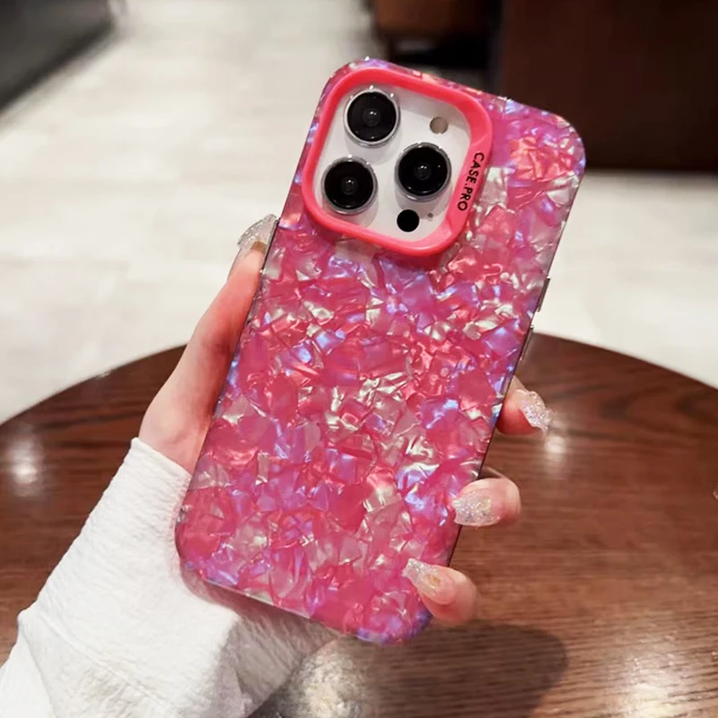 Funda de mármol de concha de sueño con purpurina ostentosa de lujo para iPhone 13 14 11 12 15 16 17 Pro Max, cubierta trasera acrílica dura con parachoques suave - imagen 5