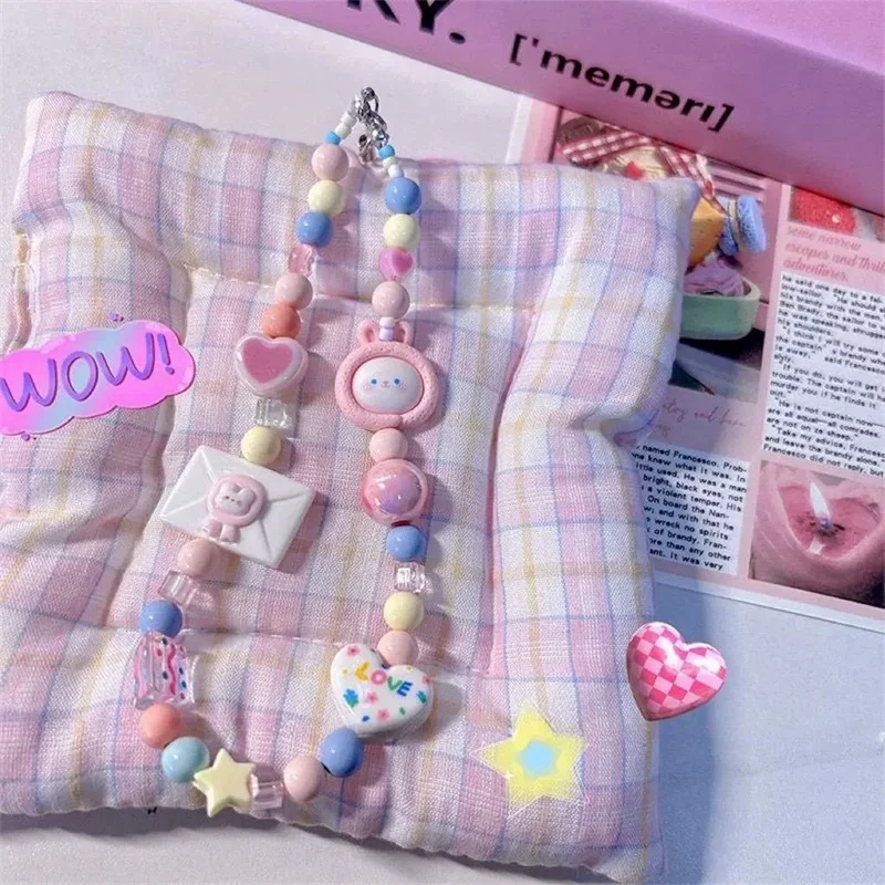 Y2K-Correa para teléfono con cuentas de Color de conejo, cadena con nudo, cordón para teléfono móvil, llavero, bolso, colgante para cámara, cubierta de Airpods