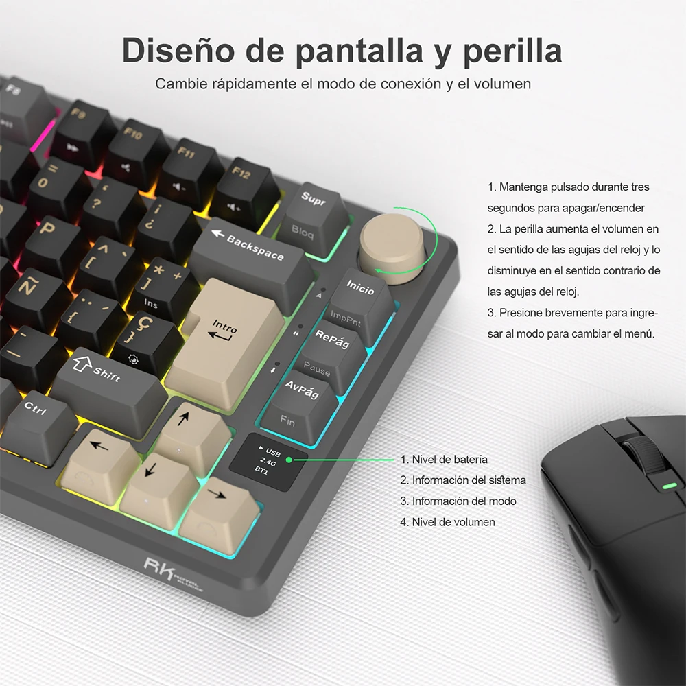 RK ROYAL KLUDGE M75 Teclado mecánico español 81 teclas RGB retroiluminado 2,4G inalámbrico/Bluetooth/USB-C Teclado para juegos con junta intercambiable en caliente con pantalla - imagen 4