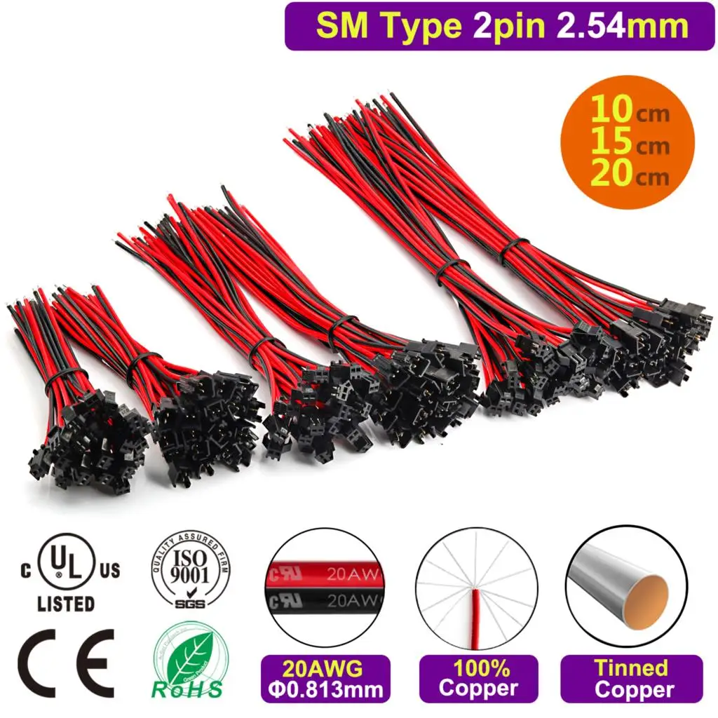 Cable conector SM 2,54mm 20AWG para JST 2,54 adaptador de 2 pines Micro batería de 2 pines macho hembra paso conectar enchufe cargador de extensión