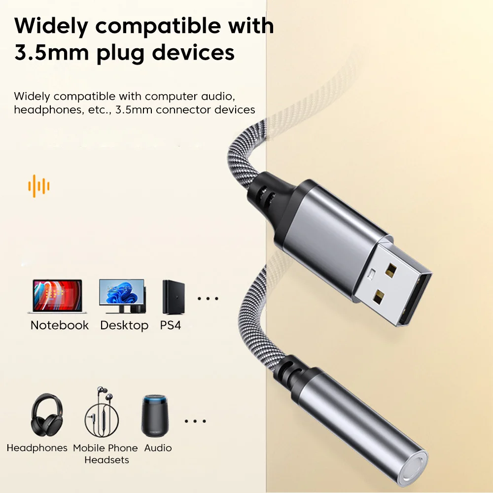 Adaptador auxiliar de Audio USB a 3,5mm que admite micrófono y música 2 en 1, Cable convertidor de auriculares con conector USB macho a 3,5 MM para PC - imagen 3
