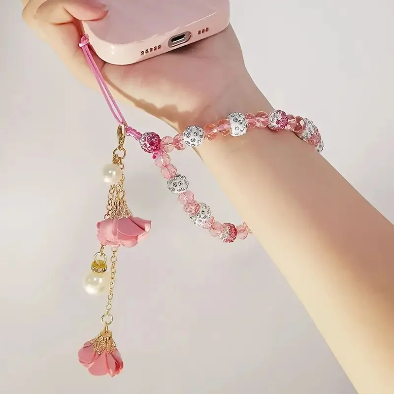 Cordón de lujo con cuentas de flores y diamantes para teléfono móvil, correa corta para teléfono, auriculares, mochila, cordón para cámara, regalo de vacaciones - imagen 3