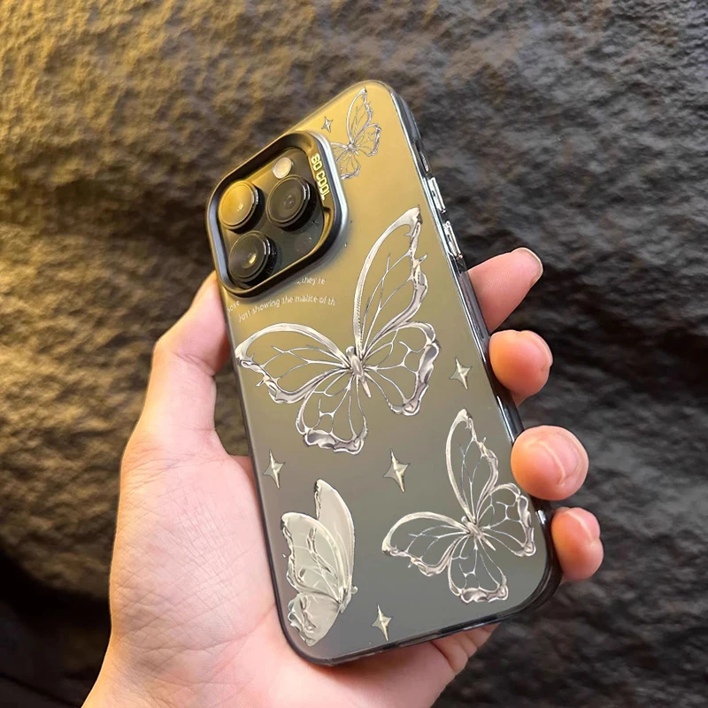 Funda de teléfono mate con mariposa dorada y plateada láser de lujo para iPhone 16 15 14 Pro Max 13 12 11 XS X XR 7 8 16 Plus SE 2020 2022 - imagen 3