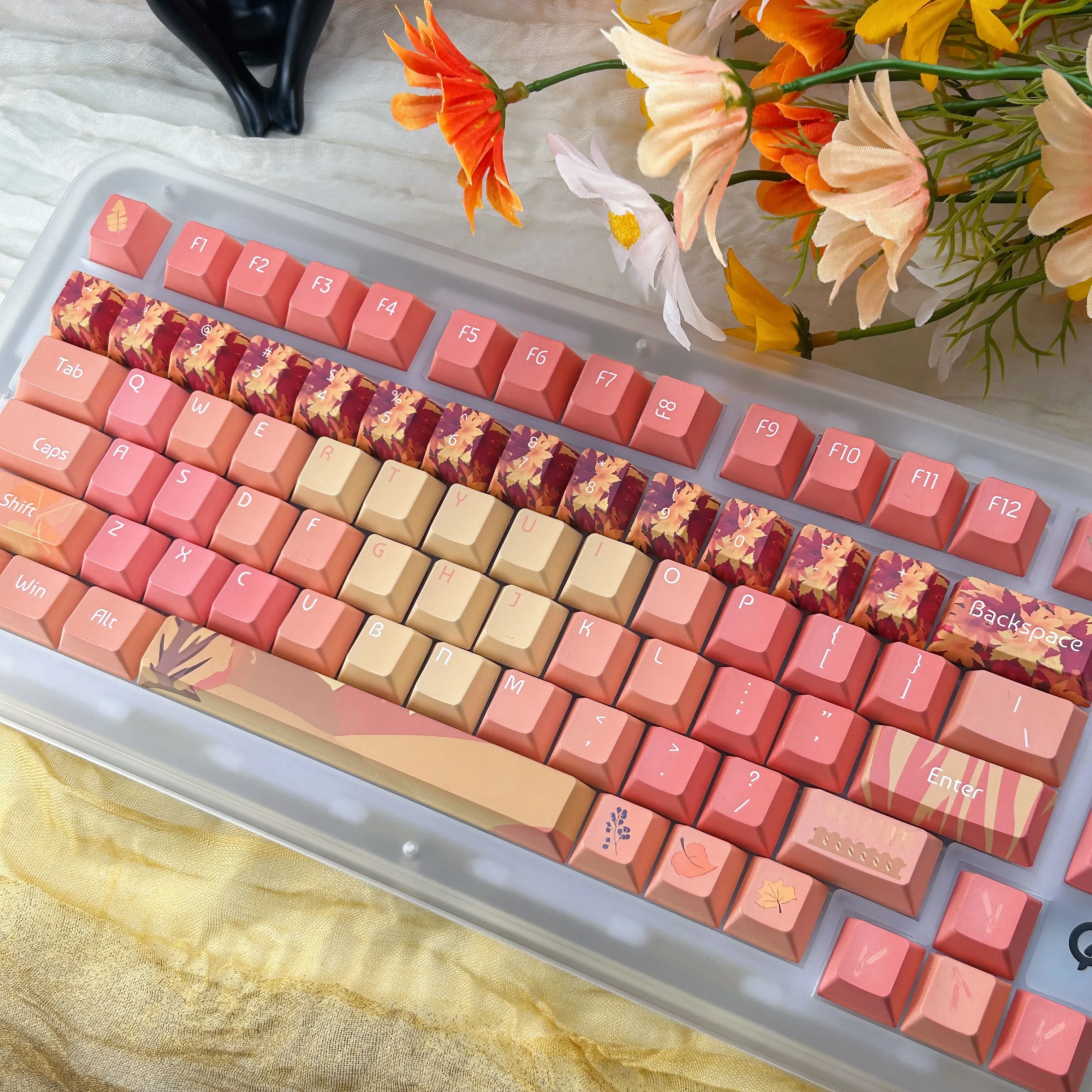 Teclas de otoño con perfil de cereza, teclas de hoja de arce con gradiente naranja, sublimación PBT, barra espacial de 2,25/2,75U, diseño de Alicia - imagen 3