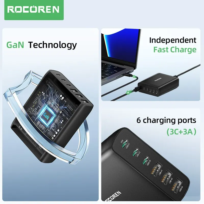 Rocoren-cargador USB tipo C de 100W, estación de carga rápida de 6 puertos, PD, para iPhone 14, 13 Pro, Xiaomi POCO - imagen 5