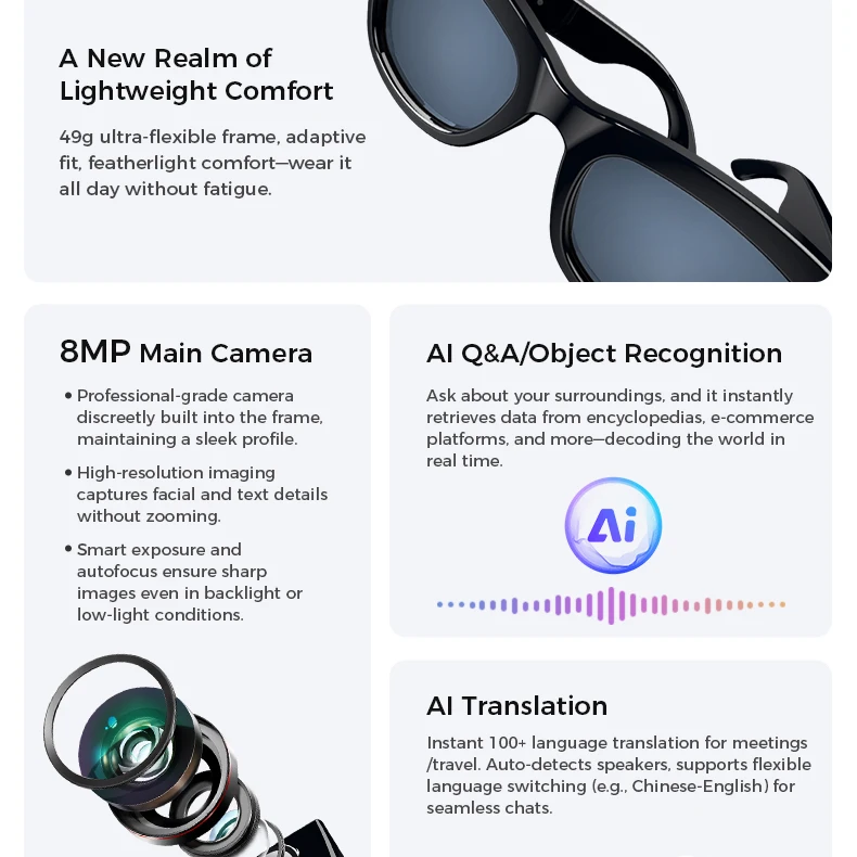 Al Translate-gafas inteligentes con cámara HD de 800W, asistente de voz resistente al agua, gafas de sol antiluz azul, reproducción de música, grabación de sonido - imagen 3