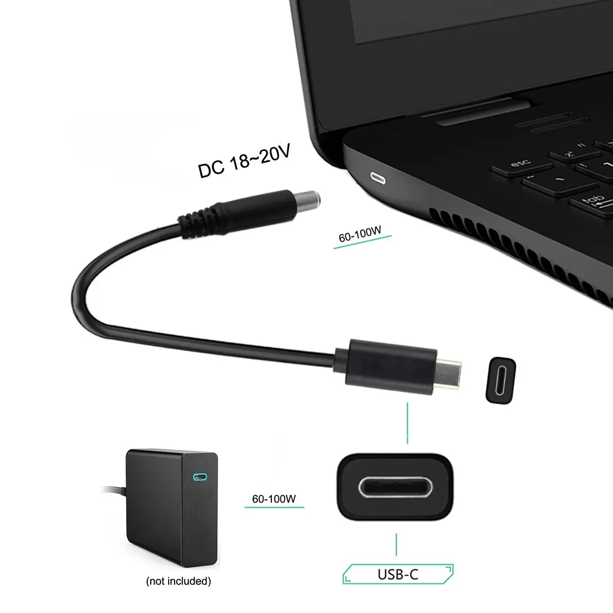 Convertidor USB-C tipo C PD, Cable de carga Universal para ordenador portátil, Cable de alimentación para fuente de alimentación para portátil Dell, Asus, Lenovo