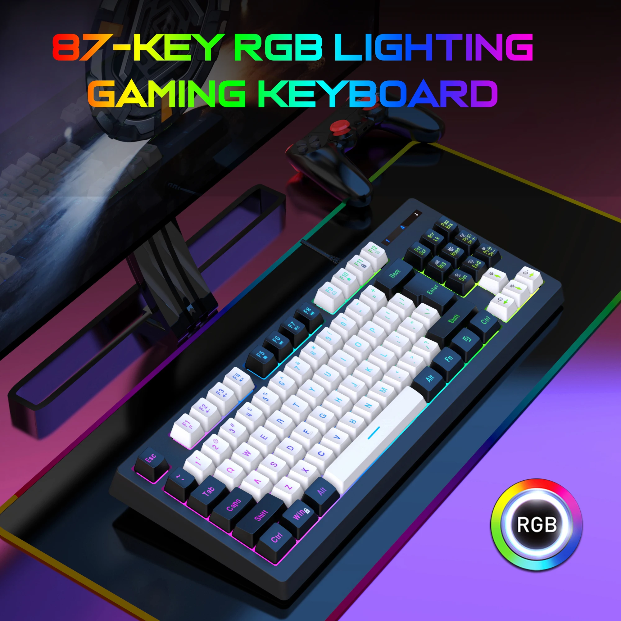 Teclado con cable de 87 teclas, retroiluminado RGB, funciones Multimedia para juegos, moldeo por inyección de doble color para PC, portátiles y jugadores - imagen 3