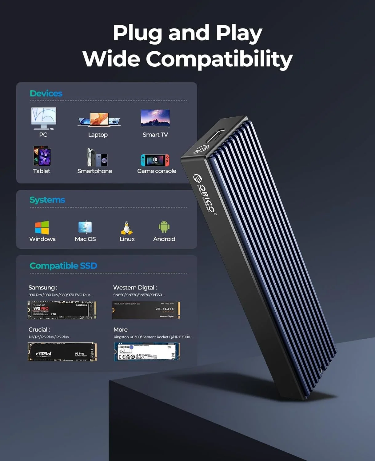 Carcasa ORICO M.2 NVMe SSD, USB 3.1 Gen 2 (10 Gbps) Adaptador externo PCIe NVMe para 2230/2242/2260/2280 M.2 SSD de hasta 8 TB - imagen 5