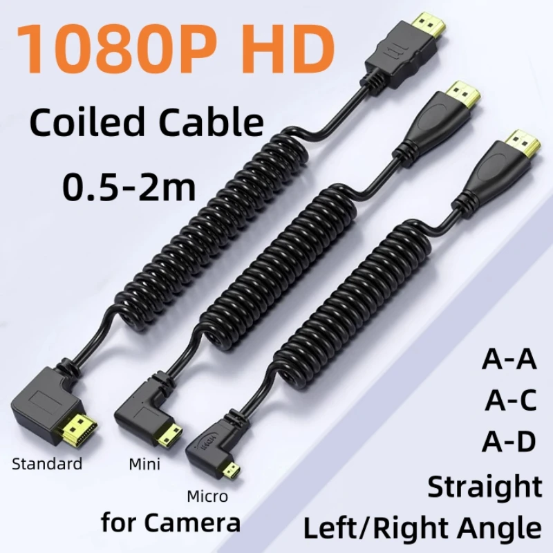 Cable compatible con HDMI 1,4 ángulo izquierdo/derecho Mini o Micro HDMI Cable Flexible de rizo de resorte compatible para tableta DSLR Monitor HDTV