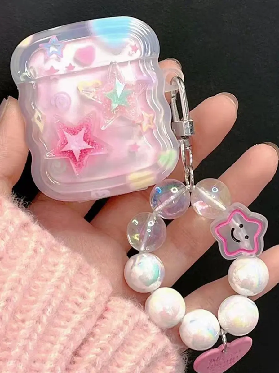 Funda para auriculares con borde ondulado y estrella rosa 3D coreana para AirPods 1, 2, 3, con colgante de cuentas de corazón de amor, funda suave para AirPods Pro 2 - imagen 5