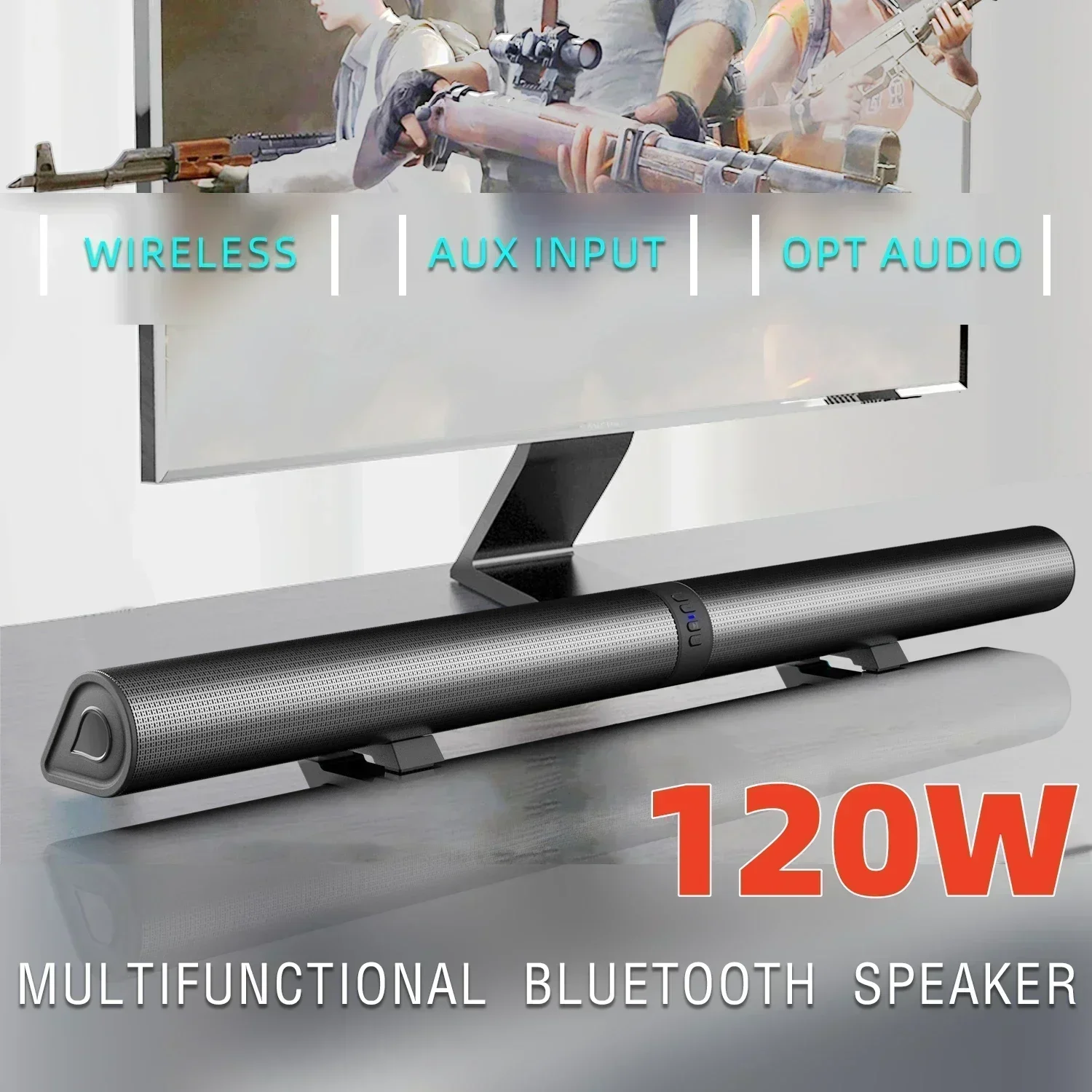 Altavoces Bluetooth para TV BS-56 de 120W, conexiones AUX/BT/OPT, barras de sonido con sistema de sonido desmontable 2 en 1 para cine en casa, barra de sonido FM - imagen 2