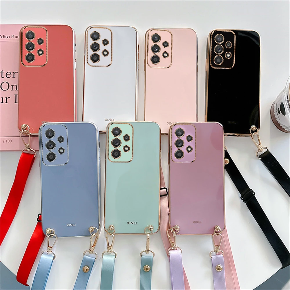 Funda de teléfono con correa de cordón y collar cruzado galvanizado para Samsung A23 A13 A33 A53 A73 A52 A72 A52S 5G A14 A04 A54