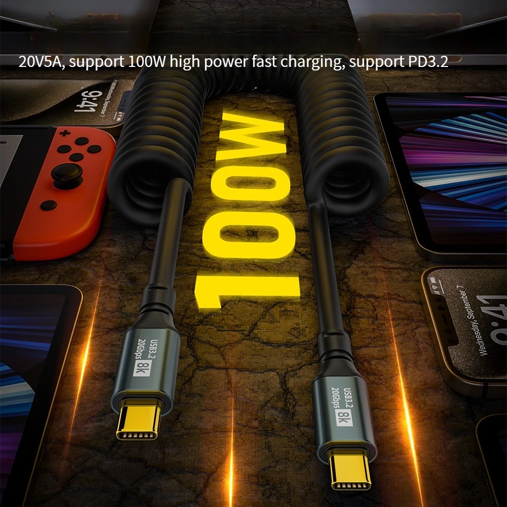 Cable en espiral tipo C a C para teléfono móvil de coche, Cable de carga rápida de 100W, compatible con transferencia de datos de 20Gbps, pantalla de 8K @ 60Hz, USB C - imagen 3