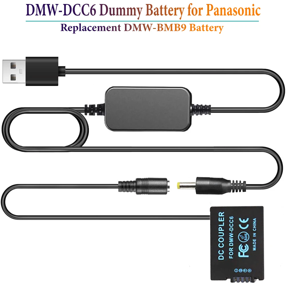 Cable adaptador USB a DMW-DCC6, acoplador de CC, batería ficticia de DMW-BMB9 para cámara Panasonic DMC-FZ40 FZ47 FZ100 FZ150 FZ60 FZ70 DC-FZ80