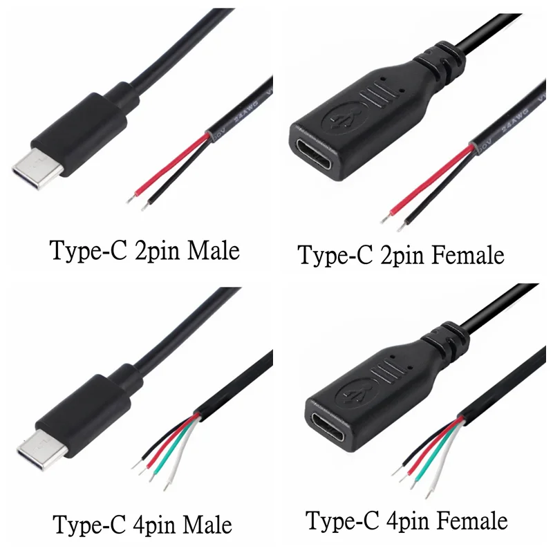 Conector USB tipo C macho hembra, conector de cargador de fuente de alimentación, 2 pines, 4 pines, USB-C, reparación DIY, Cable Micro USB, tipo soldadura, 1M, 2M - imagen 3