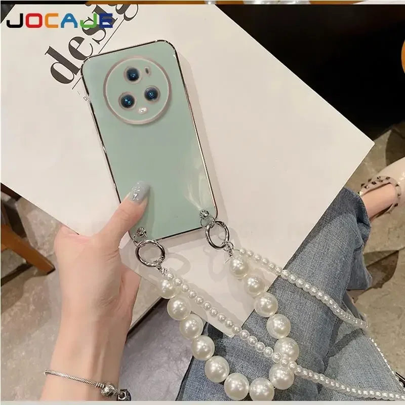 Funda de silicona chapada para Huawei Honor Magic 5 Pro 7 6 Lite 7 Pro pulsera de cadena de perlas cordón cruzado funda protectora de lente - imagen 3