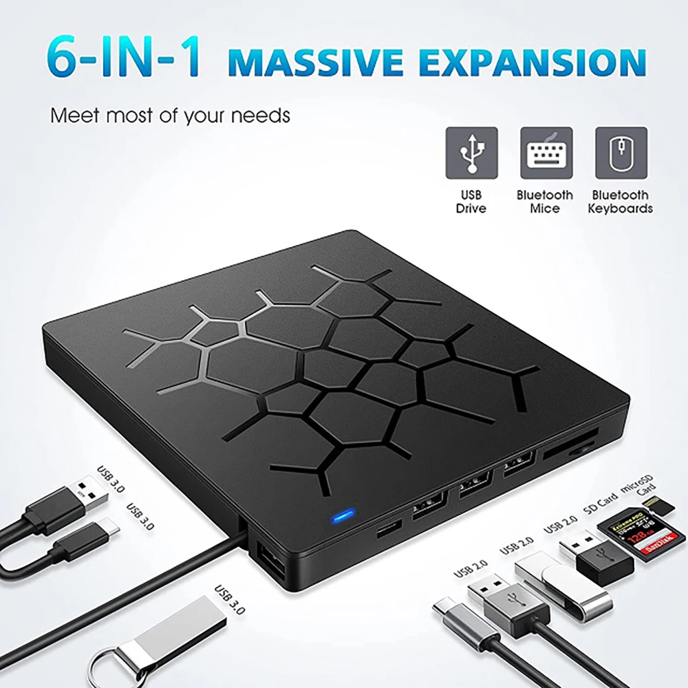 Unidad de CD/DVD externa USB 3,0 tipo C, unidad de DVD 6 en 1, Unidad óptica con ranuras SD/TF y USB 3,0, unidades ópticas para PC y portátil - imagen 2