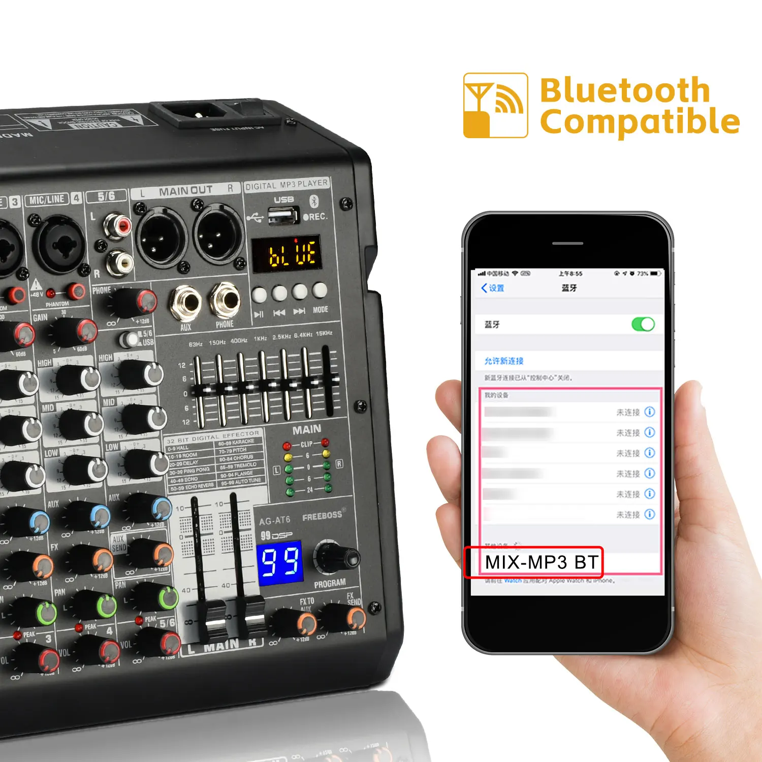 Freeboss-mezclador de Audio de 6 canales, 7 bandas, EQ, 99 efectos DSP, consola de mezcla, USB, PC, grabación, Bluetooth, Compatible con Audio Dj, 48V, AG-AT6 - imagen 4