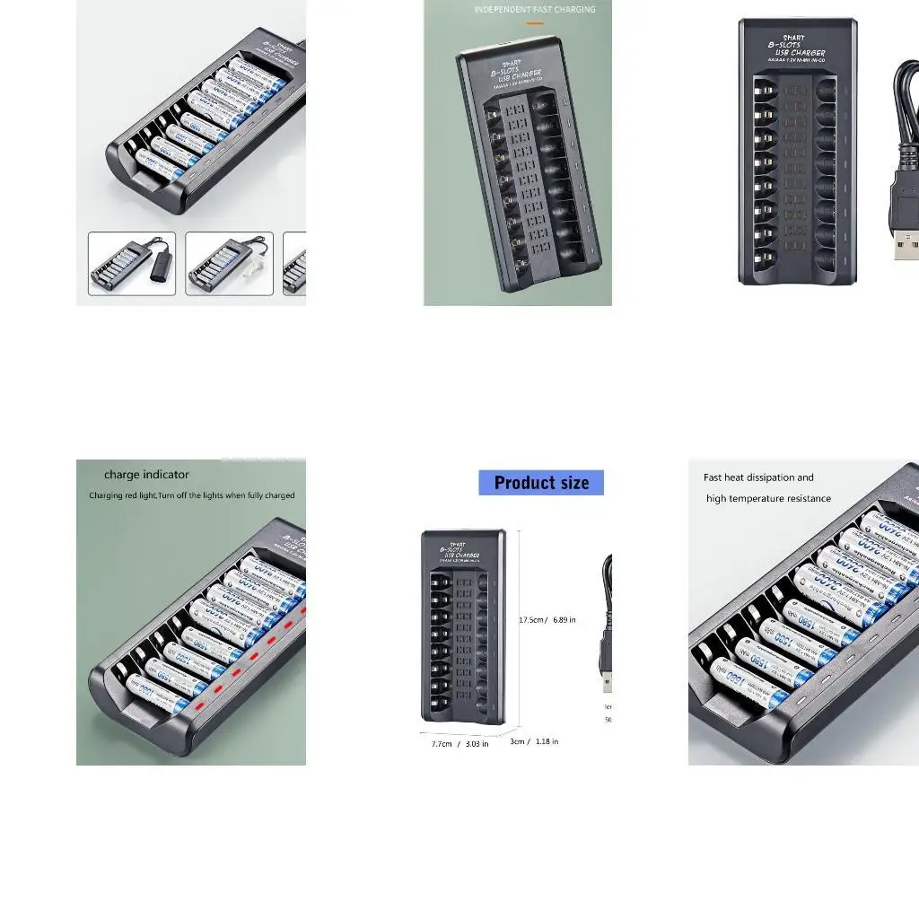 Cargador batería USB R53C para 1.2V Doble/Triple A Batería 8 Slots carga ranuras avanzadas para cargar seguro