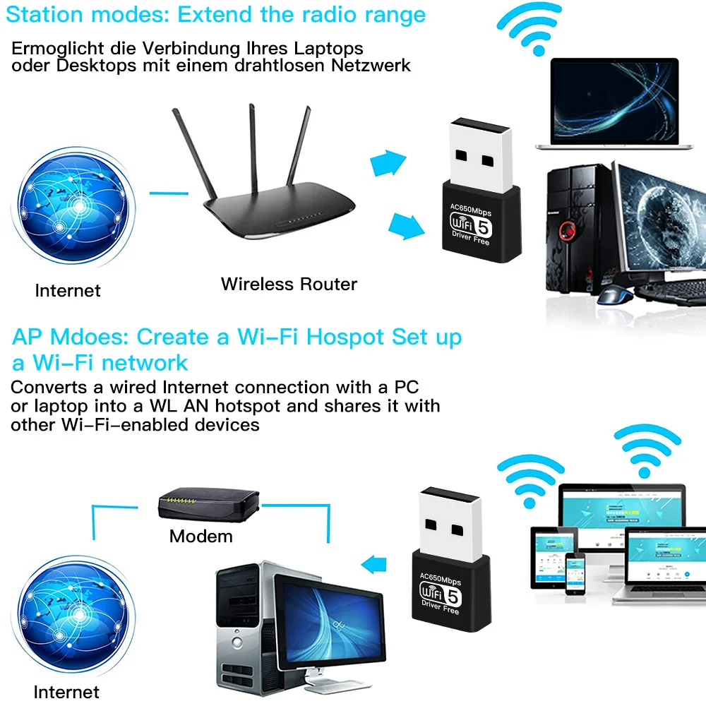 Adaptador WiFi USB AC650 adaptador inalámbrico USB 2,0 tarjeta WiFi Netowrk de doble banda para PC/portátil receptor Wlan para controlador Win10/11 gratis - imagen 4