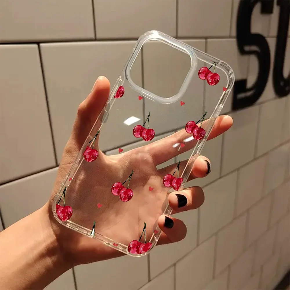 Funda de teléfono transparente con forma de corazón de cerezas rosas para iPhone 17 16 11 13 15 14 12 Pro Max 7 8 Plus XS X XR 17 Air cubierta transparente - imagen 3