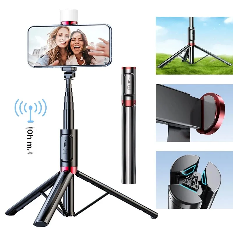 Palo de Selfie de 1,1 m, soporte para teléfono de diseño integrado portátil, elástico ultralargo, control remoto por Bluetooth con trípode de luz de relleno - imagen 3