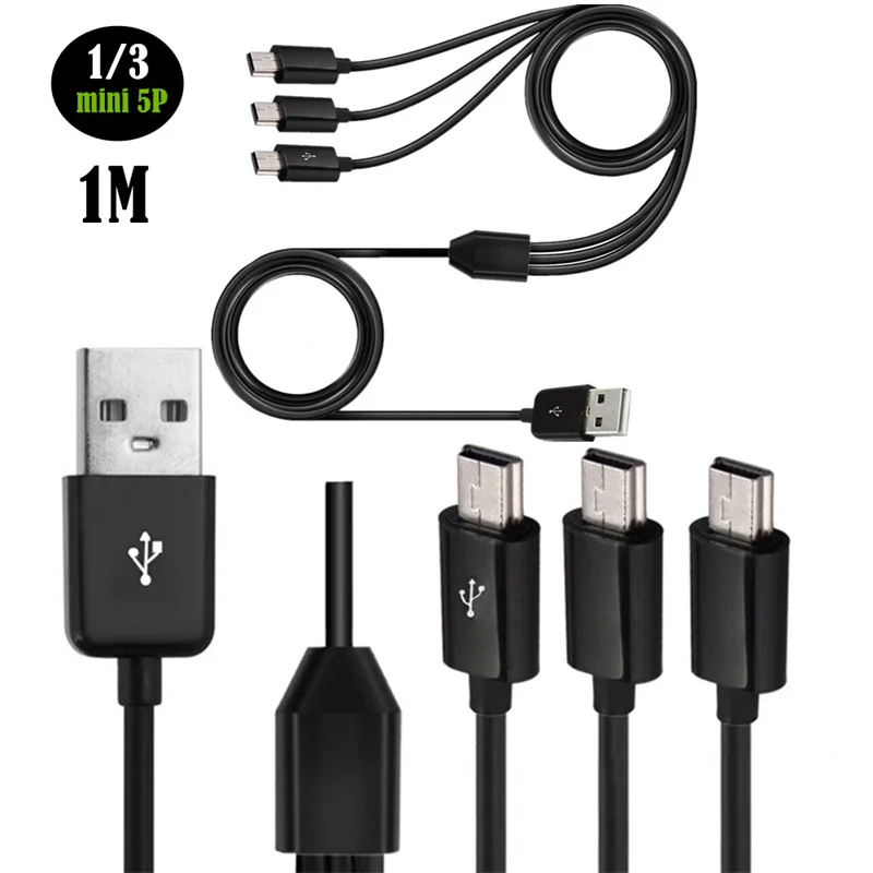 USB2.0 macho a 3 Mini USB B 5 pines macho conector de carga de datos Cable sincronización Cable de alimentación divisor para teléfono de alta velocidad