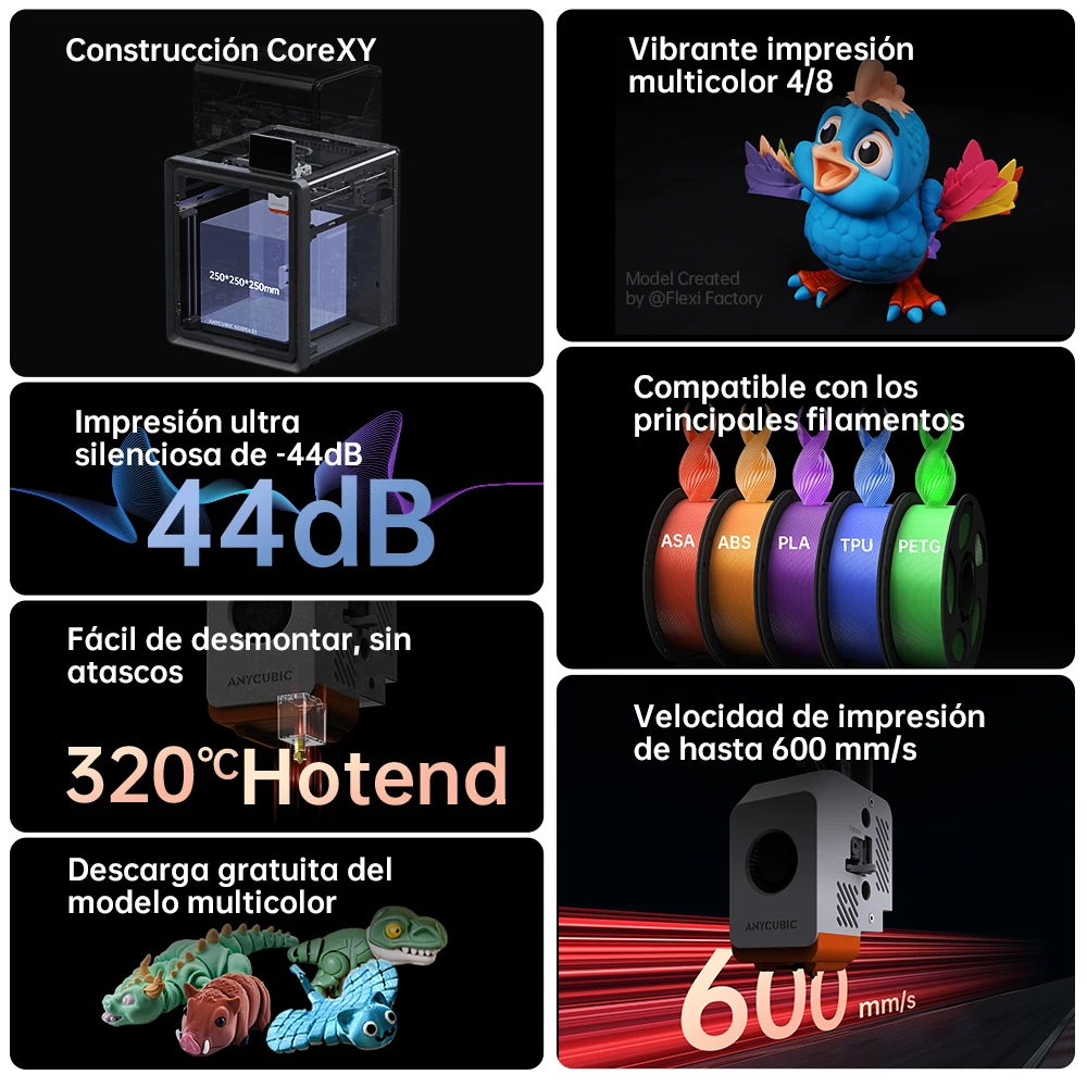 Anycubic Kobra S1 Combo Impresora 3D multicolor Hasta 600 mm/s Impresión de alta velocidad Nivelación automática Estructura CoreXY Extrusora directa - imagen 3