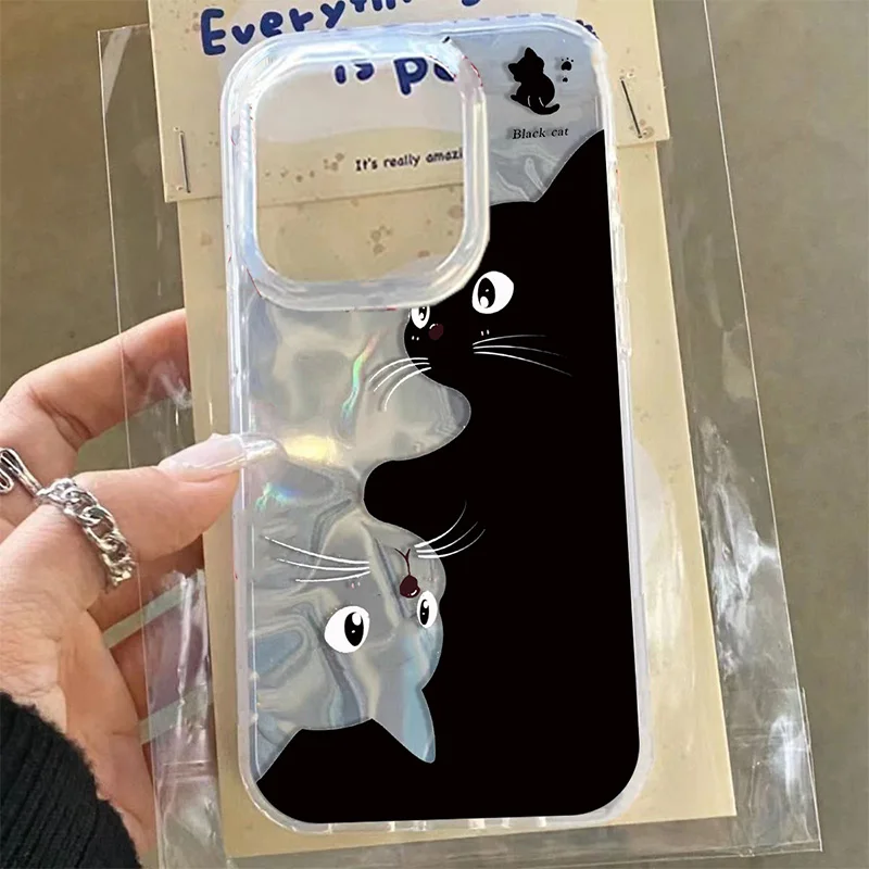 Funda de gato negro para iPhone 7 8 Plus XR XS Max SE 2020 dulce linda moda para chicas amor corazón colorido flor PC fundas de teléfono - imagen 3