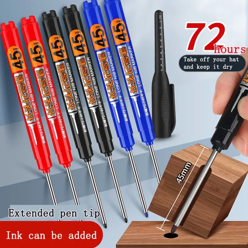 Rotulador de cabeza larga resistente al agua con punta de 45mm, tinta de secado rápido para construcción de carpintería, agujero profundo, no tóxico, negro, rojo y azul, 10 Uds. - imagen 5